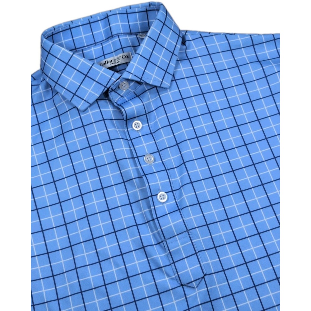 Collars & Co Polo Shirt Mens M Medium Blue Windowpane Dress Collar Short Sleeve